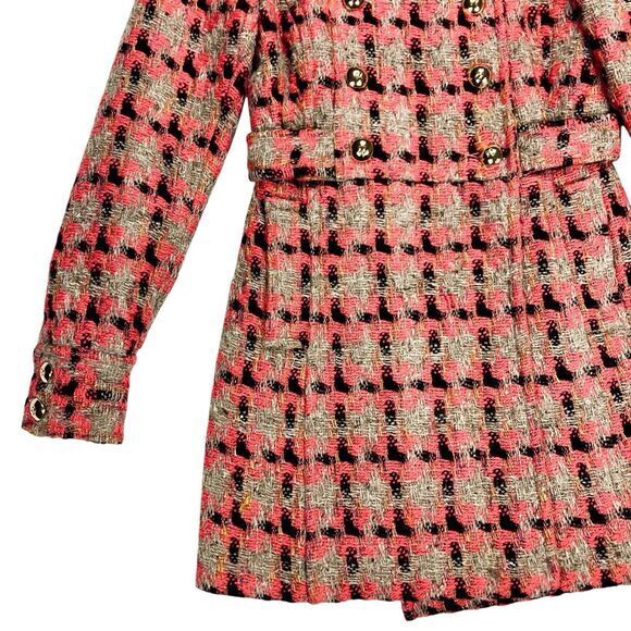 Liquid Wool Blend Tweed Long Coat Sz 2 Brown Orange Plaid Preppy Elegant PeaCoat - Picture 3 of 16